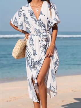 White & Navy Belted Abstract Leaf Print Midi Dress